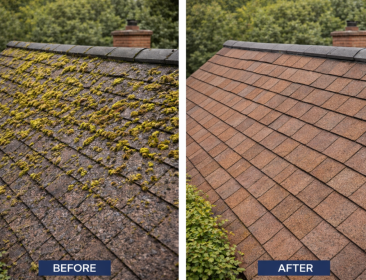 Careful roof cleaning to remove moss and buildup, improving appearance and longevity.