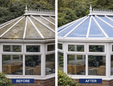 Complete conservatory cleaning including glass, frames and roof for a bright, clear finish.