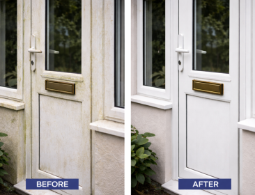 Professional UPVC cleaning to restore frames, doors and trims, removing dirt and discolouration.